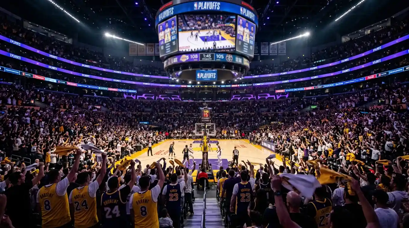 NBA playoff game atmosphere with an engaged arena crowd under dramatic overhead lighting on a hardwood basketball court